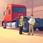 Understanding ELD Exemptions for Truckers depicted with a company owner and truck driver inspecting a red semi-truck in a fleet yard