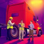 Understanding ELD Exemptions for Truckers illustrated with a red semi-truck and three men conducting a tire inspection under dramatic golden hour lighting