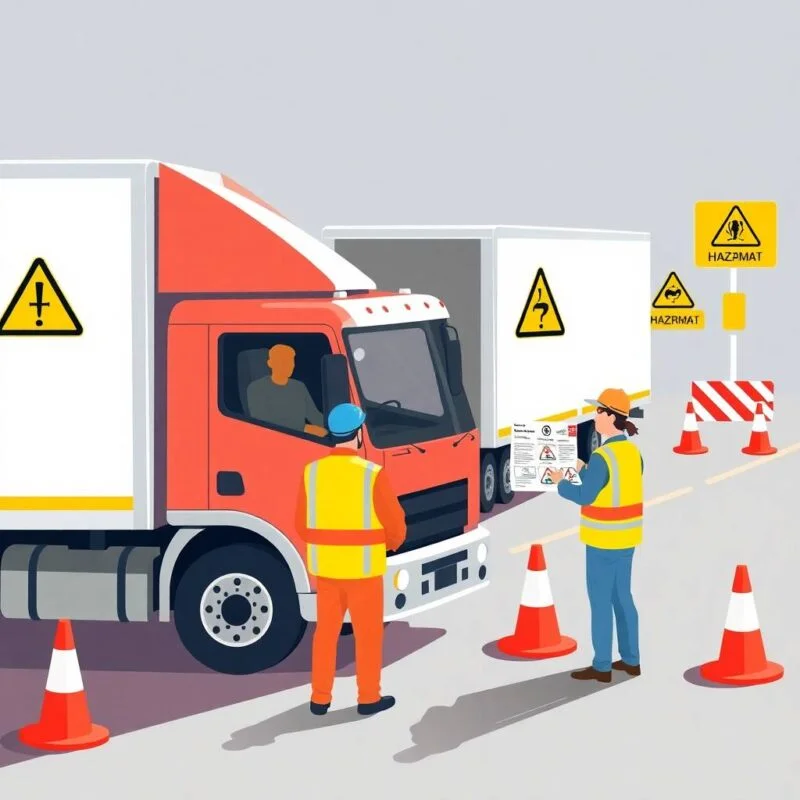 Understanding ELD Exemptions for Truckers with a hazmat compliance review scene between a safety officer and a truck driver