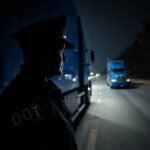 Understanding ELD Exemptions for Truckers shown by a DOT officer inspecting a blue semi-truck at night under harsh lighting