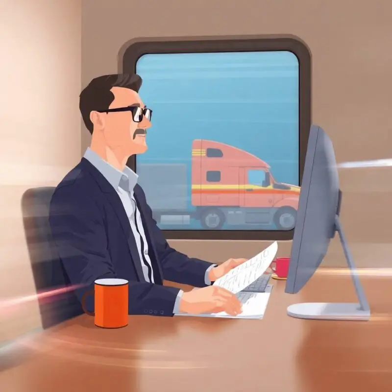 Understanding ELD Exemptions for Truckers shown by a trucking company owner reviewing documents at a desk with a semi-truck passing outside