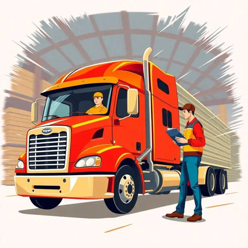 Understanding ELD Exemptions for Truckers shown through a vibrant flat illustration of a red semi-truck being inspected in a warehouse setting