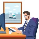 A trucking company owner working at a desk represents What Is a DOT Safety Rating and How to Improve It.