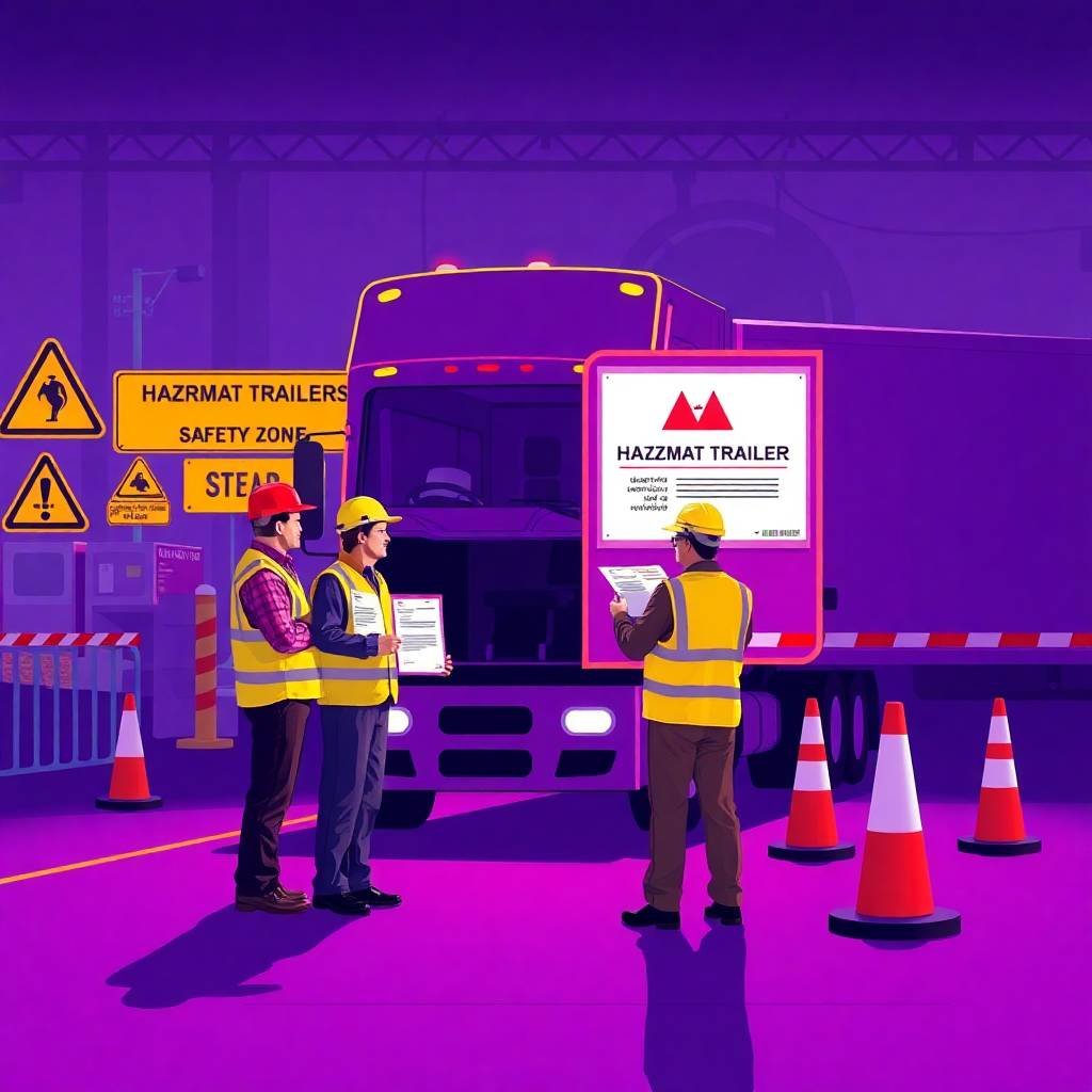 Safety officers reviewing a hazmat trailer placard in a truck yard, illustrating What Is a DOT Safety Rating and How to Improve It