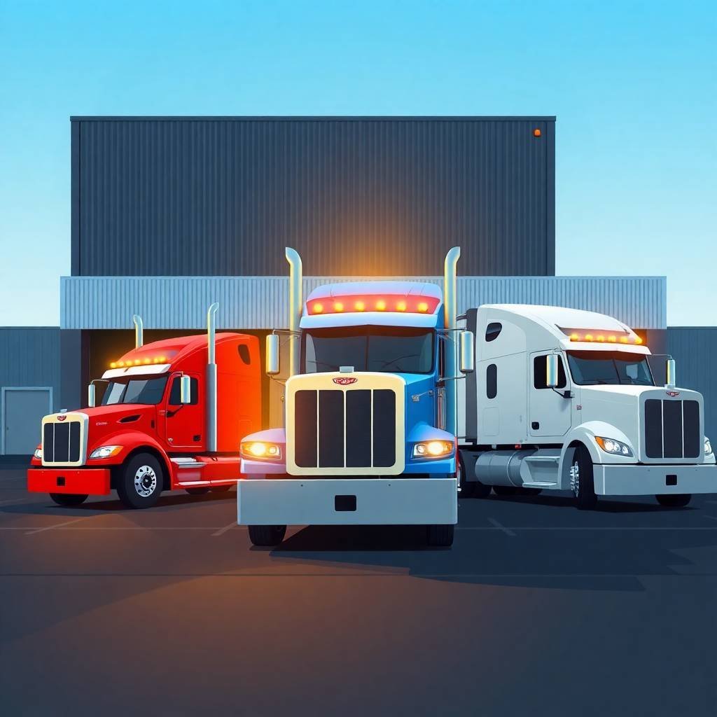 Three semi-trucks in red, blue, and white parked in front of a warehouse, symbolizing fleet safety management and illustrating What Is a DOT Safety Rating and How to Improve It.