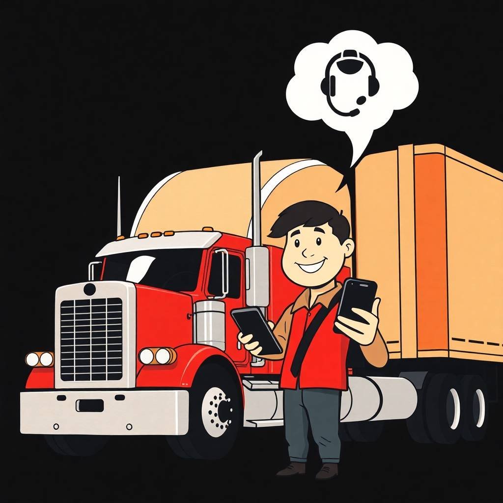 Cheerful truck driver holding phones beside a red semi-truck, symbolizing What Is a DOT Safety Rating and How to Improve It