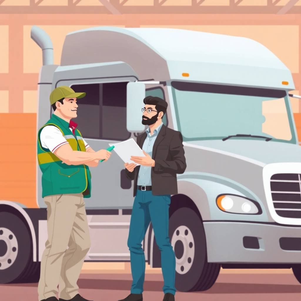 A truck driver and fleet manager standing beside a semi-truck, discussing documents related to What Is a DOT Safety Rating and How to Improve It.