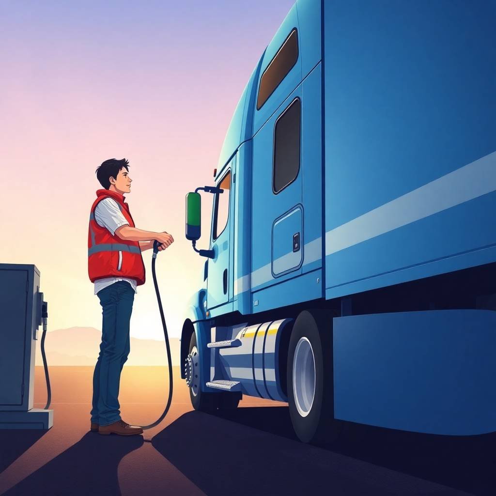 Truck driver fueling a blue semi-truck at sunrise, representing What Is a DOT Safety Rating and How to Improve It.