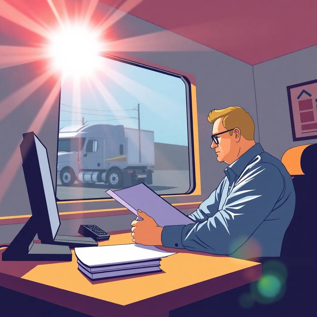 A trucking company owner reviews documents at a desk with a parked semi-truck visible through the window, illustrating the concept of What Is a DOT Safety Rating and How to Improve It.