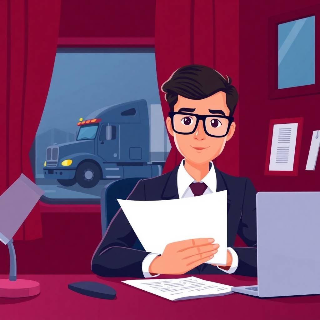 A trucking company owner in business attire reviewing paperwork at a desk, illustrating What Is a DOT Safety Rating and How to Improve It