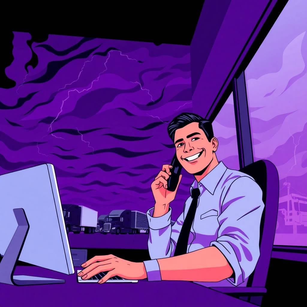 Smiling trucking company owner on the phone at desk with stormy background, representing What Is a DOT Safety Rating and How to Improve It