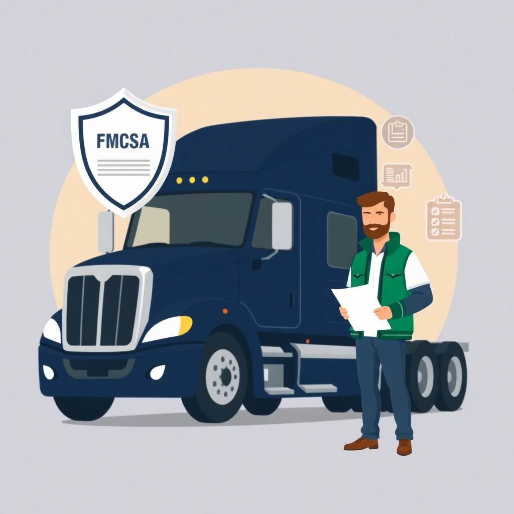 About Truckers Compliance Hub illustration showing an owner-operator beside a semi-truck with FMCSA compliance documents