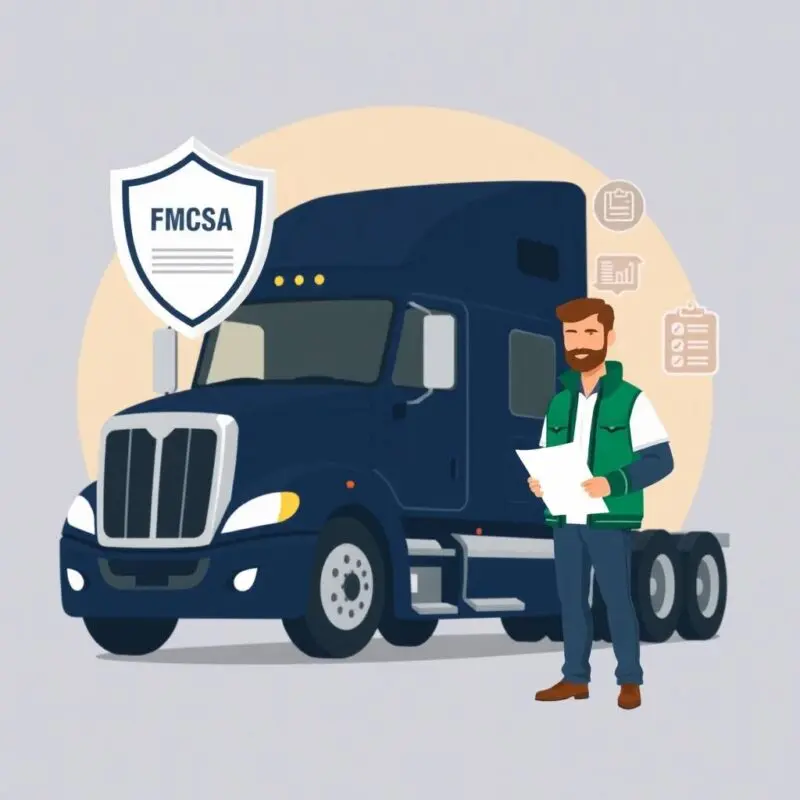 About Truckers Compliance Hub illustration showing an owner-operator beside a semi-truck with FMCSA compliance documents