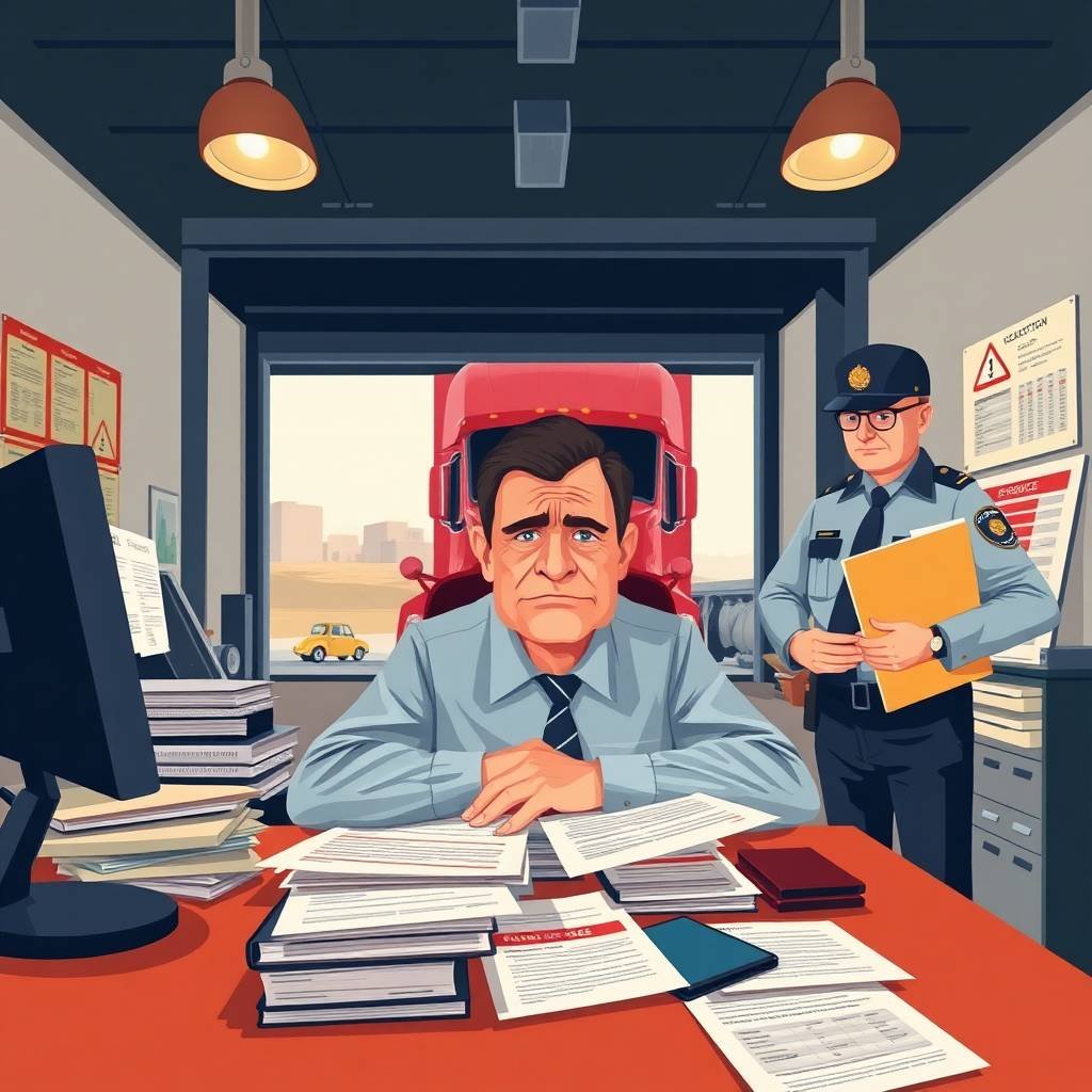 Stressed trucking business owner facing BOC-3 Process Agent Compliance issues during a DOT audit