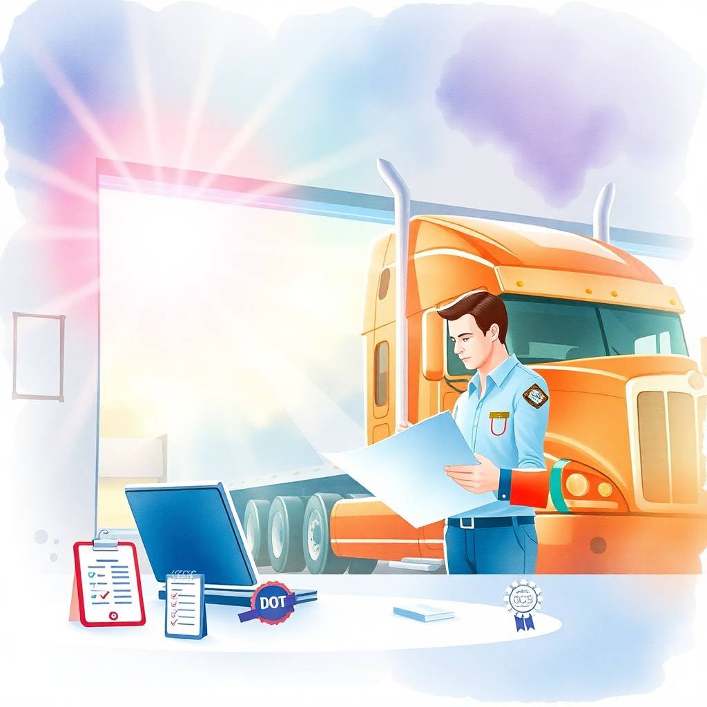 DOT officer reviewing documents for BOC-3 Process Agent Compliance with a semi-truck in background