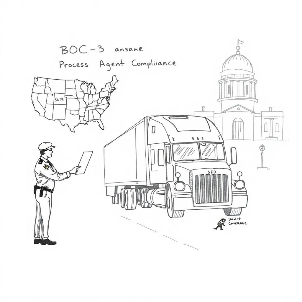 Flat illustration showing BOC-3 Process Agent Compliance with a truck driver handing documents to a DOT officer