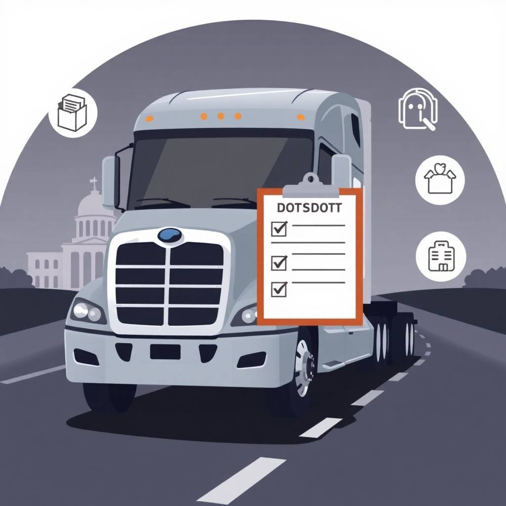 Flat illustration of a semi-truck with compliance checklist icons representing BOC-3 Process Agent Compliance