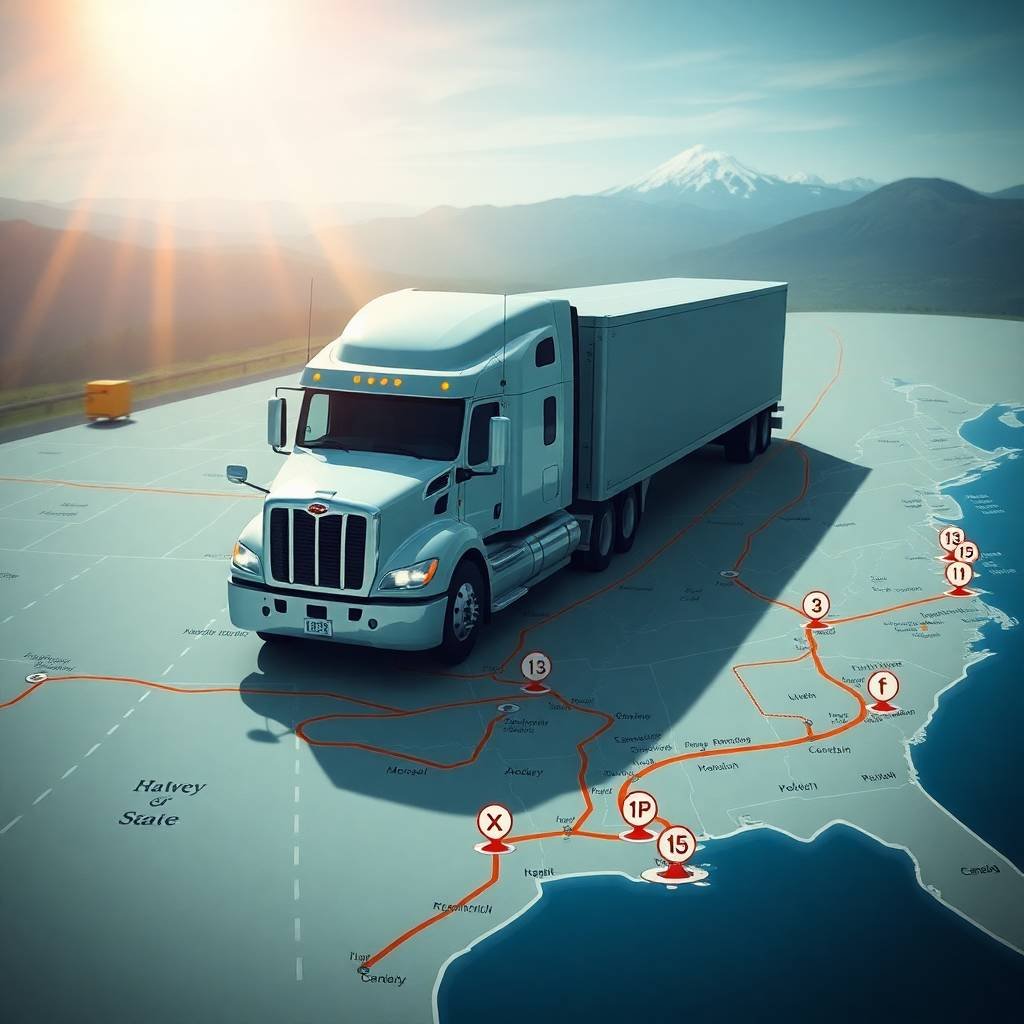 Semi-truck driving over a marked map for BOC-3 Process Agent Compliance
