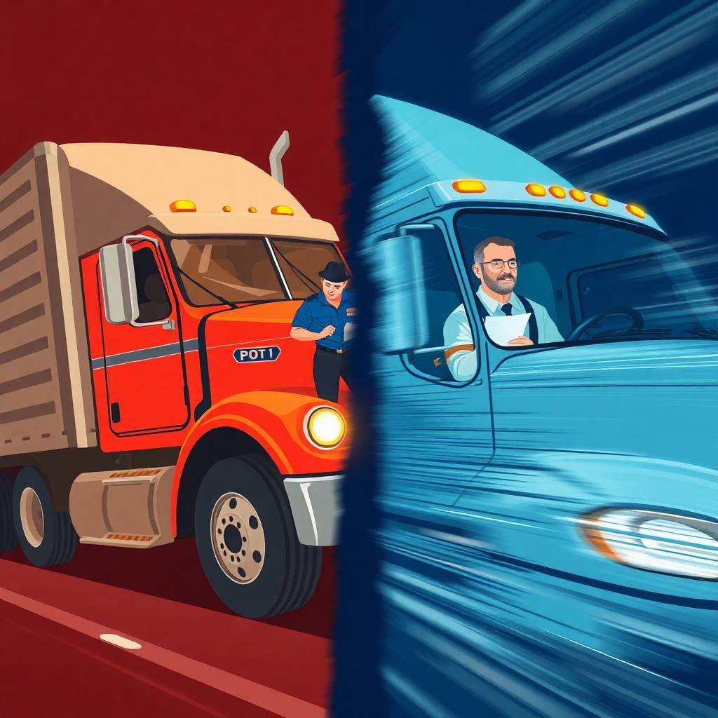 Split-view illustration of trucking safety and BOC-3 Process Agent Compliance inspection