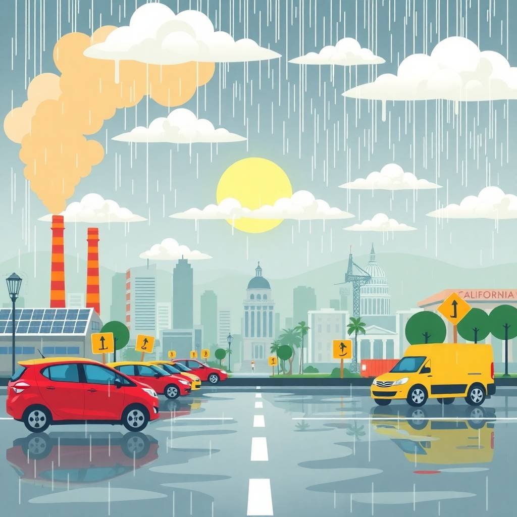 Rainy cityscape of California showing traffic, emissions, and industry tension, symbolizing FMCSA Compliance Mistakes
