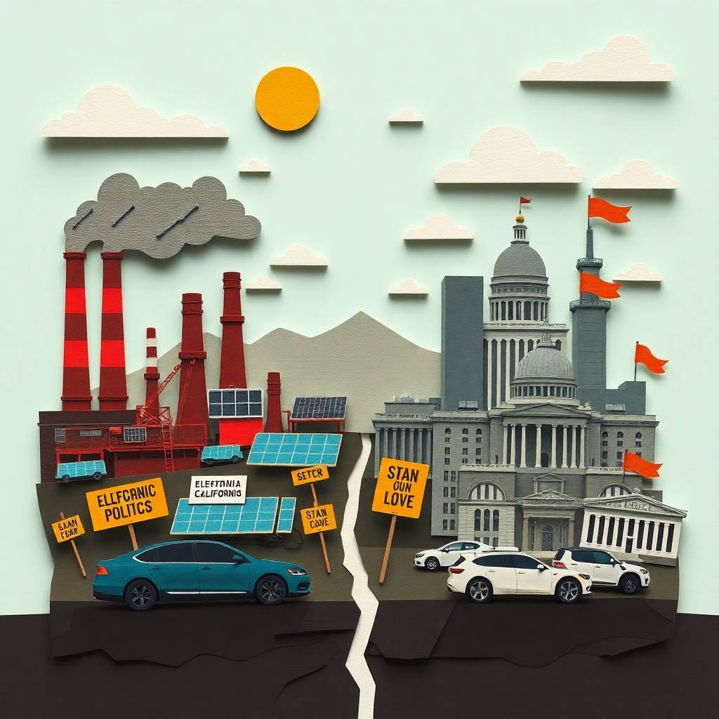 Illustration representing California emissions politics with industry and environmental activists divided, symbolizing conflict over the FMCSA Safety Measurement System (SMS)