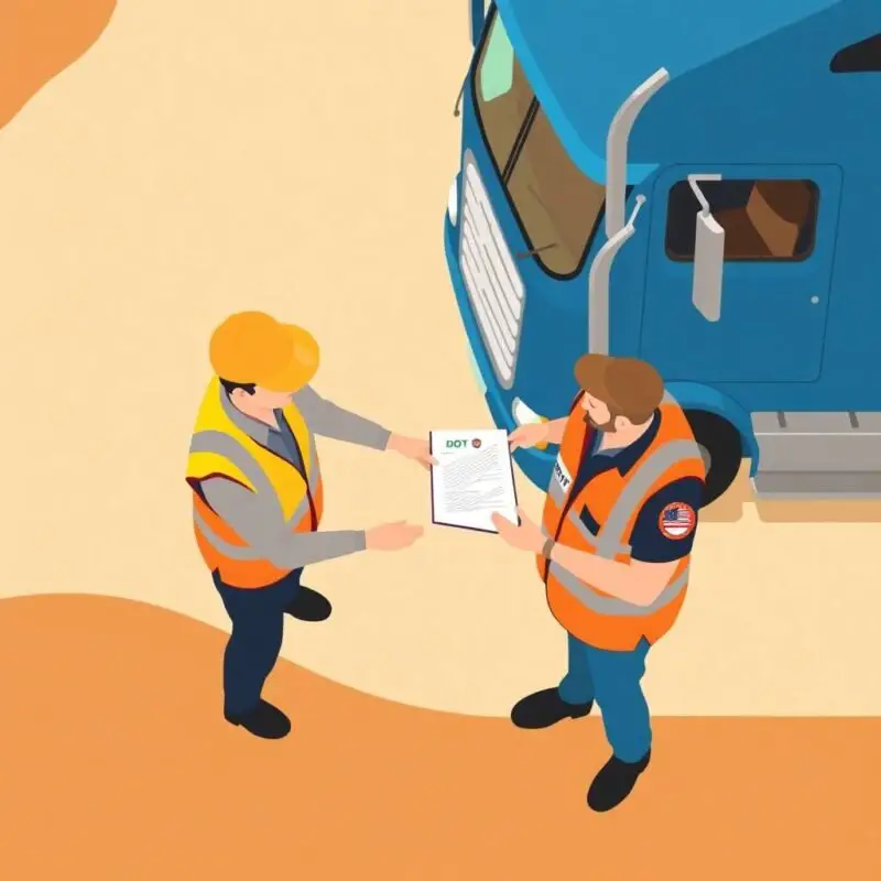 CDL Disqualification Rules depicted by a truck driver handing documents to a DOT officer beside a blue semi-truck