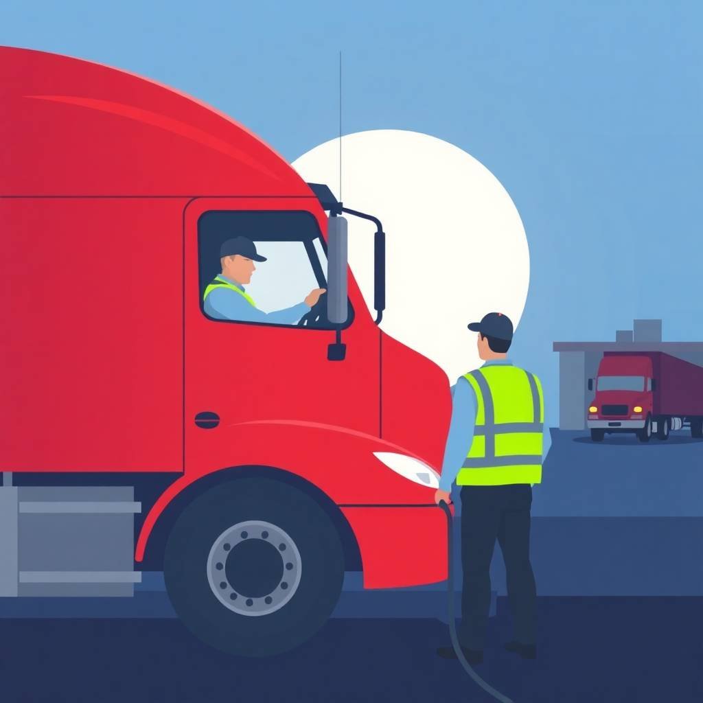 CDL Disqualification Rules illustrated by a red semi-truck refueling at a truck stop under driver supervision