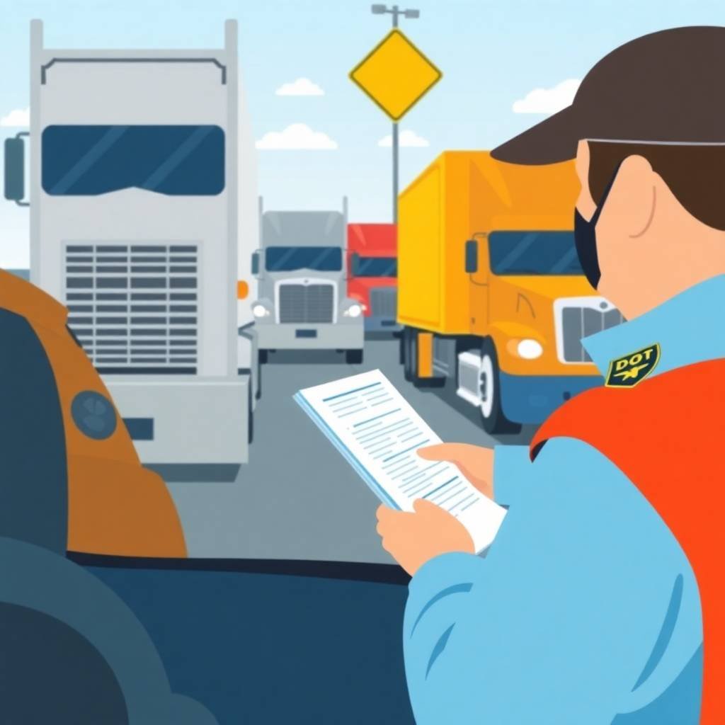 Flat illustration of DOT officer reviewing documents during a roadside inspection involving CSA Intervention Thresholds