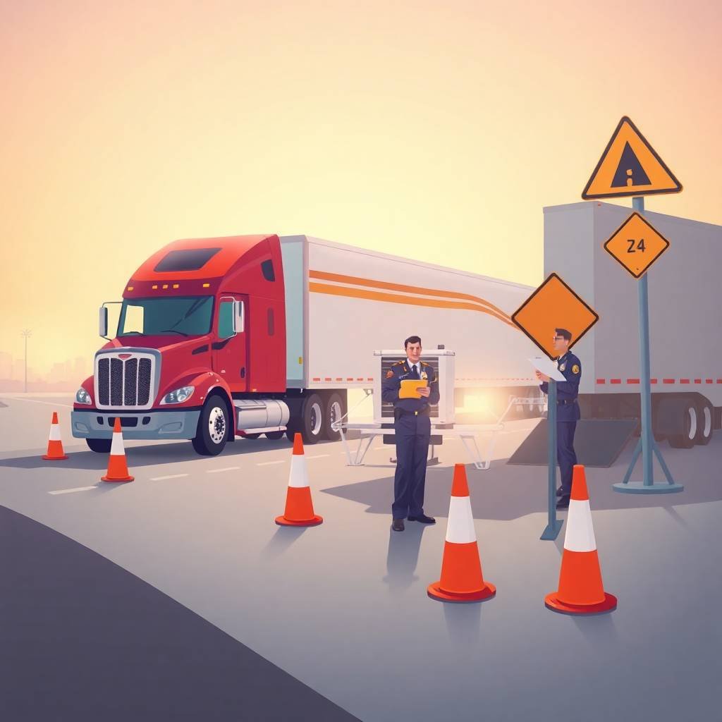 Flat style DOT inspection scene with officers reviewing documents near a red semi-truck, representing CSA Intervention Thresholds