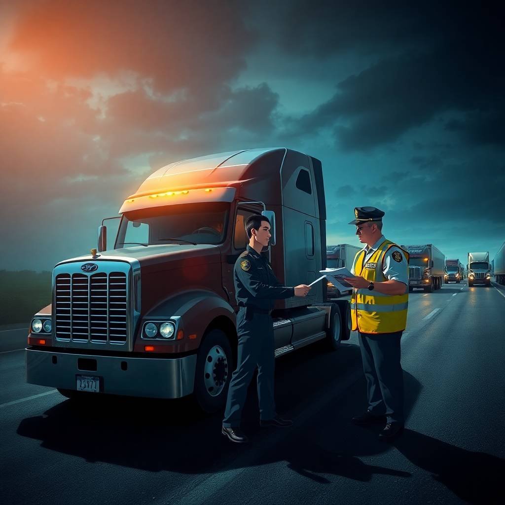 Dramatic isekai-style scene of a truck driver handing documents to a DOT officer at night, illustrating CSA Intervention Thresholds