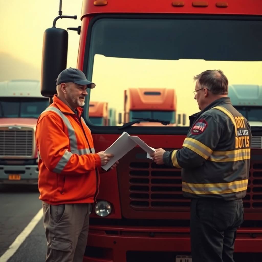 DOT officer and truck driver exchange inspection documents during a roadside check involving CSA Intervention Thresholds