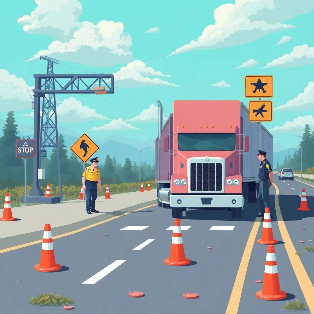 Surreal flat style illustration of a DOT officer inspecting a semi-truck at a roadside checkpoint, referencing CSA Intervention Thresholds