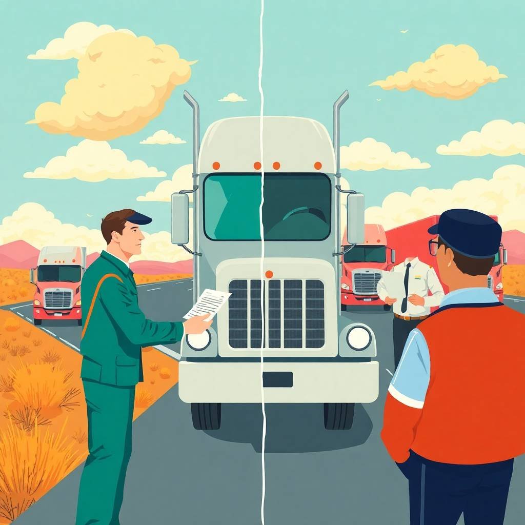 Split-scene illustration of a truck driver and DOT officer during a roadside inspection focusing on CSA Intervention Thresholds