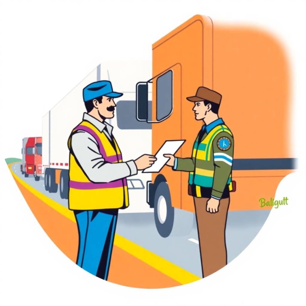 Flat style illustration of a truck driver handing documents to a DOT officer during a roadside inspection related to CSA Intervention Thresholds