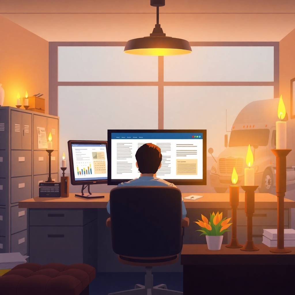 Digital illustration of a compliance officer in a trucking company office reviewing CSA Intervention Thresholds on a computer