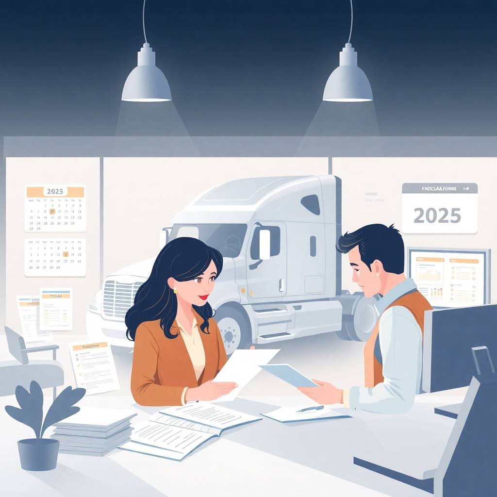 DOT Audit Preparation meeting in a trucking office with 2025 compliance forms and calendar