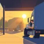 DOT Audit Preparation during sunset rest stop with driver reviewing documents