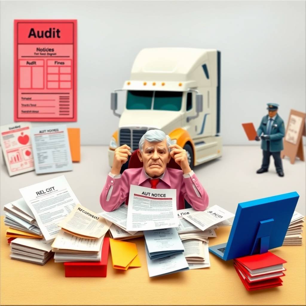 DOT Compliance Checklist for Owner Operators illustrated with a stressed trucking business owner surrounded by audit paperwork and fines