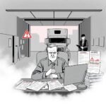DOT Compliance Checklist for Owner Operators illustrated in a black and white trucking office scene with audit warnings and compliance paperwork