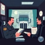 DOT Compliance Checklist for Owner Operators visualized through a compliance review between a DOT officer and a trucking operator
