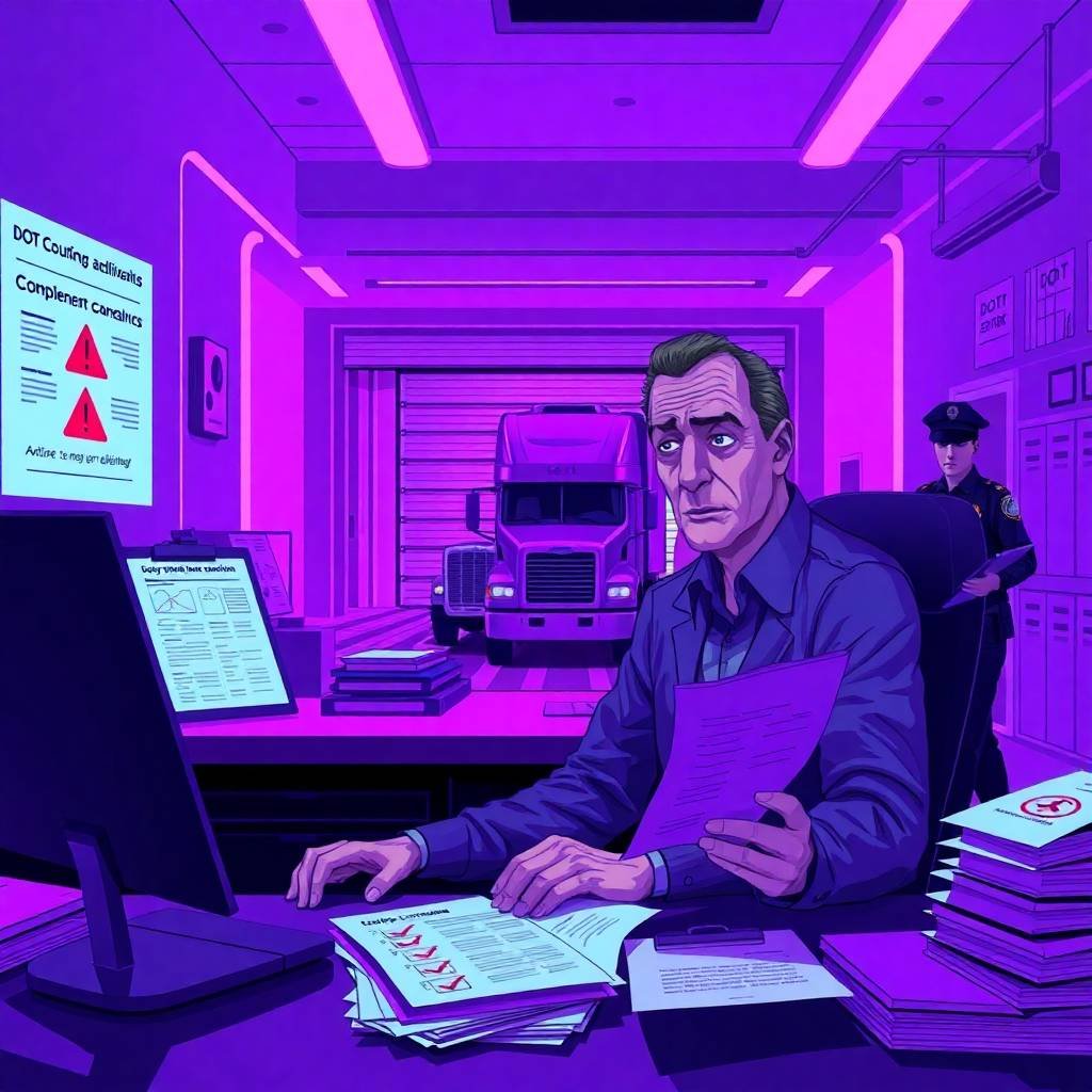 DOT Compliance Checklist for Owner Operators depicted in a futuristic office where a worried trucking owner examines legal documents with a semi-truck in the background