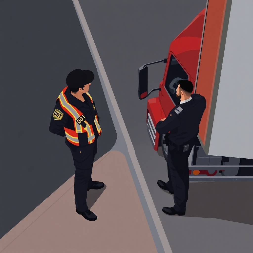 DOT Compliance Checklist for Owner Operators illustrated by a high-angle view of a DOT officer and truck driver during a roadside inspection