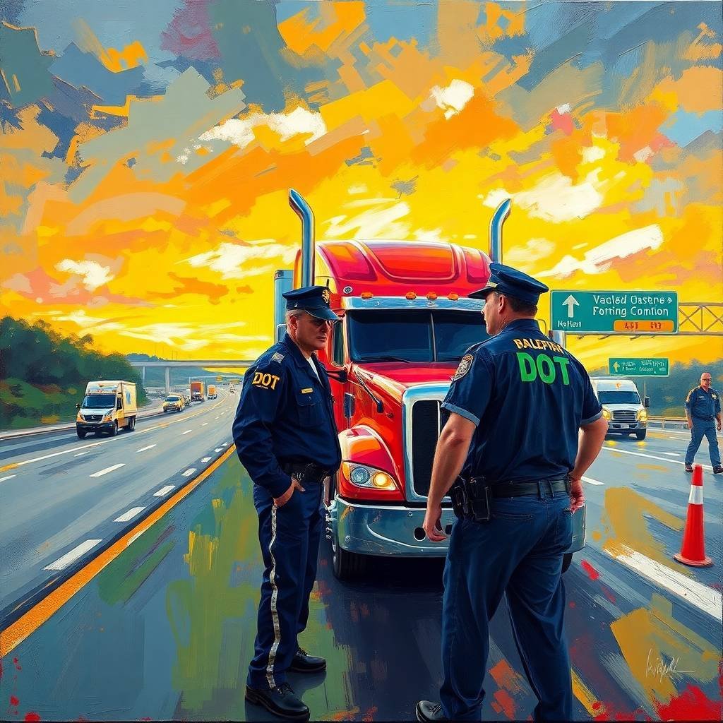 DOT Compliance Checklist for Owner Operators visualized with a dramatic roadside inspection scene featuring DOT officers and a red semi-truck at sunset