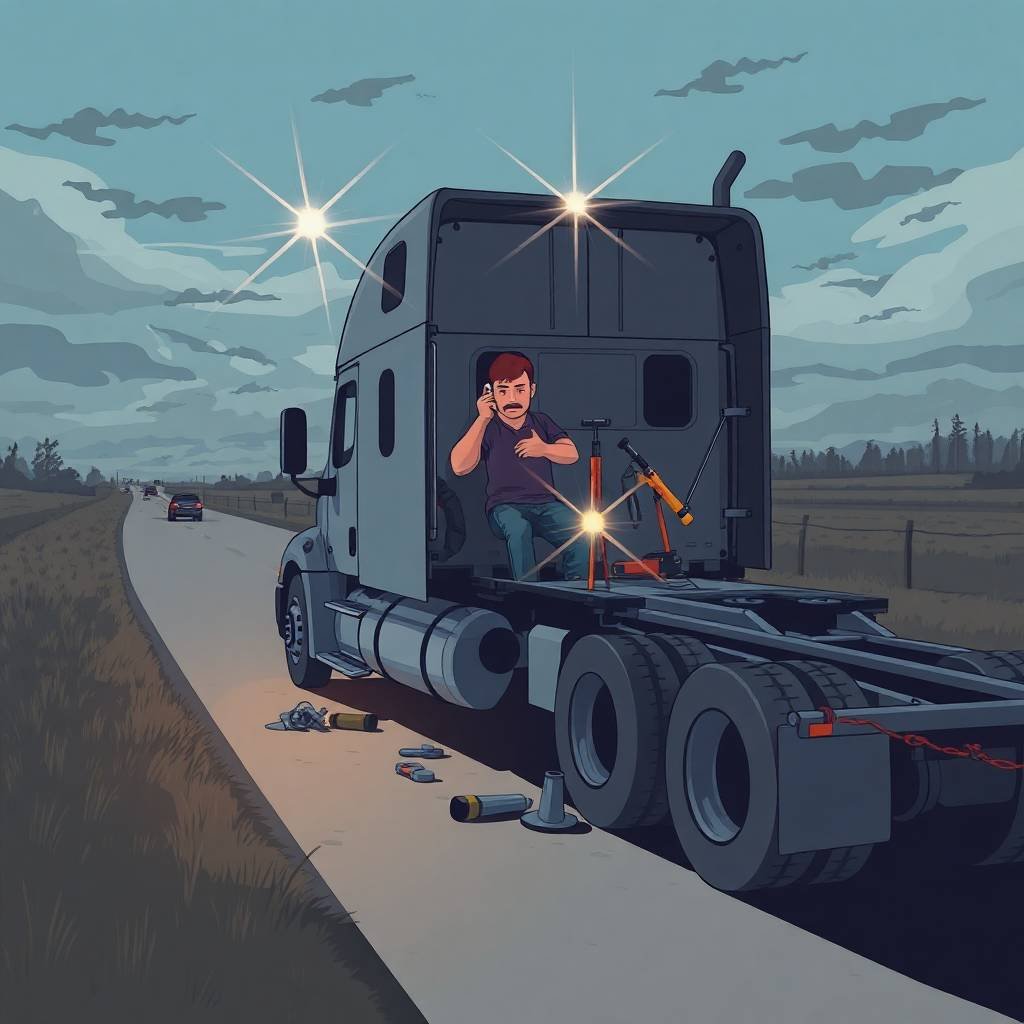DOT Compliance Checklist for Owner Operators illustrated with a broken-down semi-truck on a rural highway and a frustrated driver