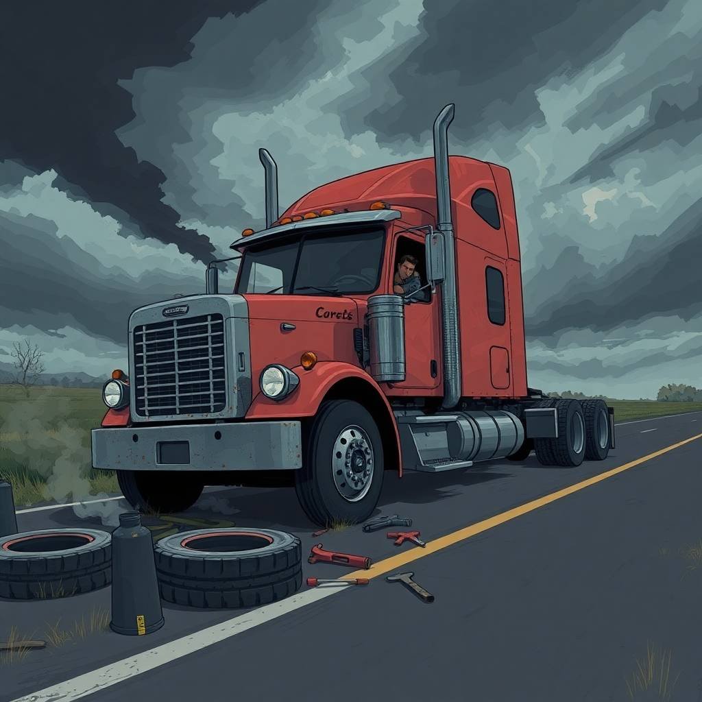 DOT Compliance Checklist for Owner Operators illustrated by a broken-down semi-truck with worn tires and scattered tools on a stormy highway