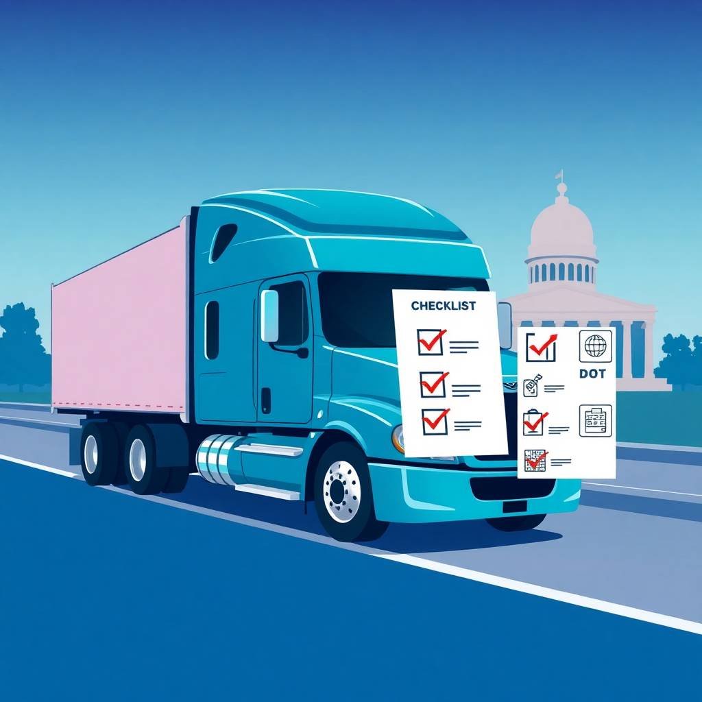DOT Compliance Checklist for Owner Operators illustrated with a modern semi-truck and compliance icons near a government building
