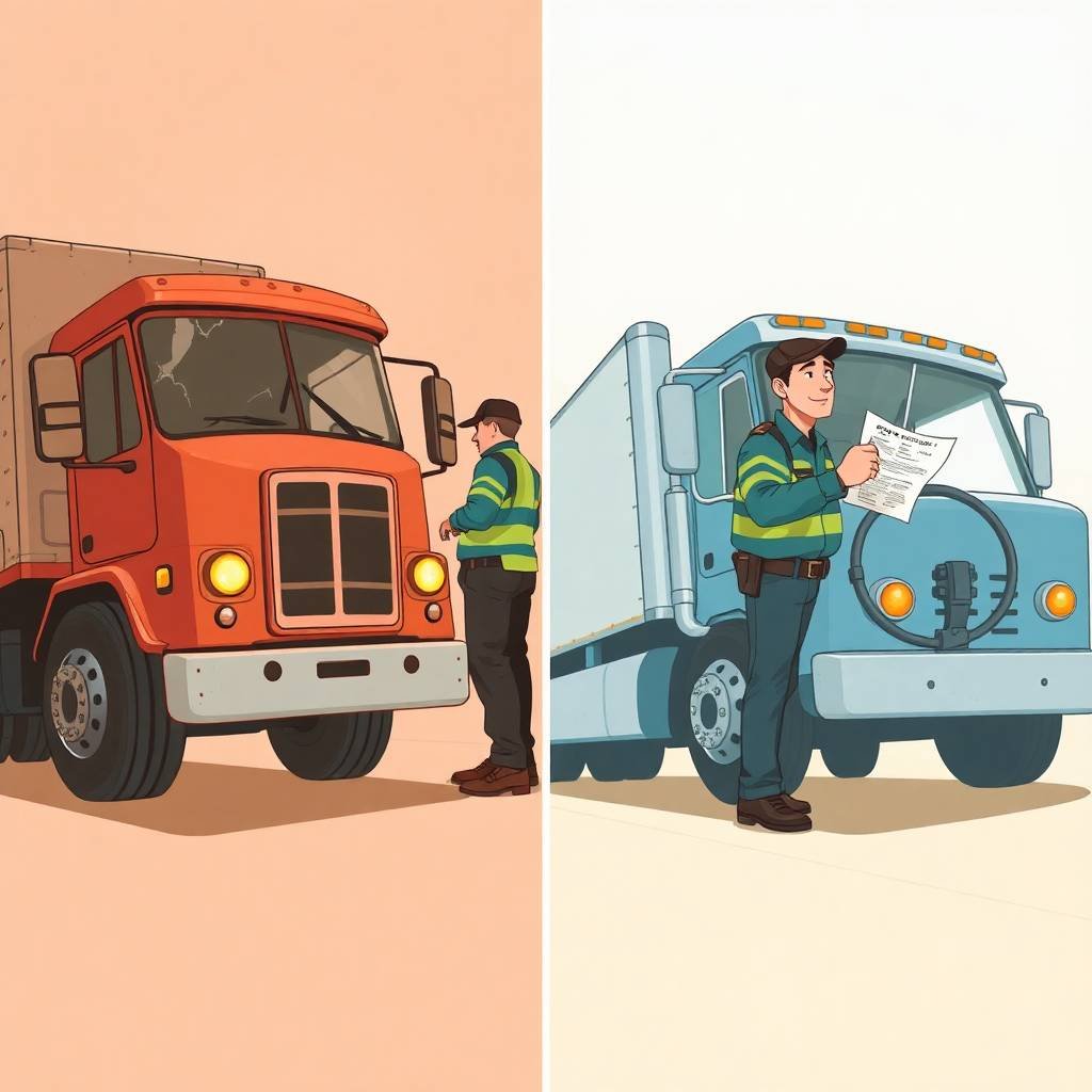 DOT Compliance Checklist for Owner Operators depicted with a side-by-side comparison of a neglected truck receiving a citation and a compliant truck passing inspection