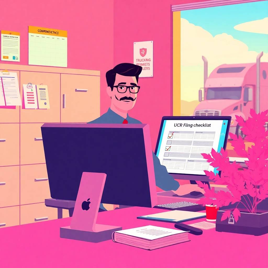 DOT Compliance Checklist for Owner Operators visualized in a colorful office with a compliance officer reviewing a UCR Filing checklist on screen