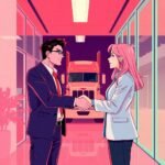 DOT Compliance Checklist for Trucking Companies illustrated by a professional handshake between a trucking manager and a compliance expert in a flat anime-inspired style