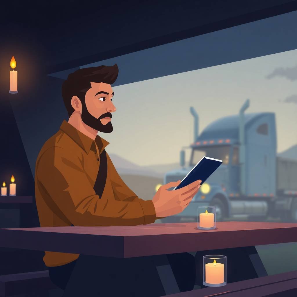 DOT Compliance Checklist for Trucking Companies reviewed by a truck driver in a candle-lit setting with a semi-truck in the background